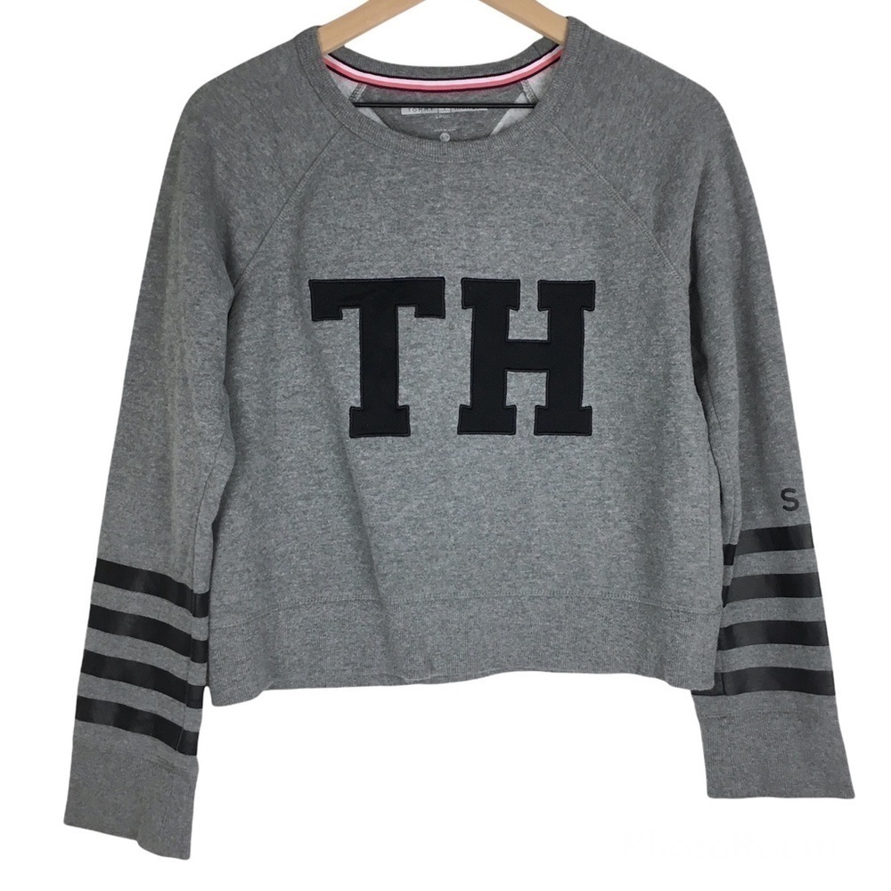 TOMMY HILFIGER Sweatshirt Big Graphic Stripe Retro Sport Oversized Cropped Small